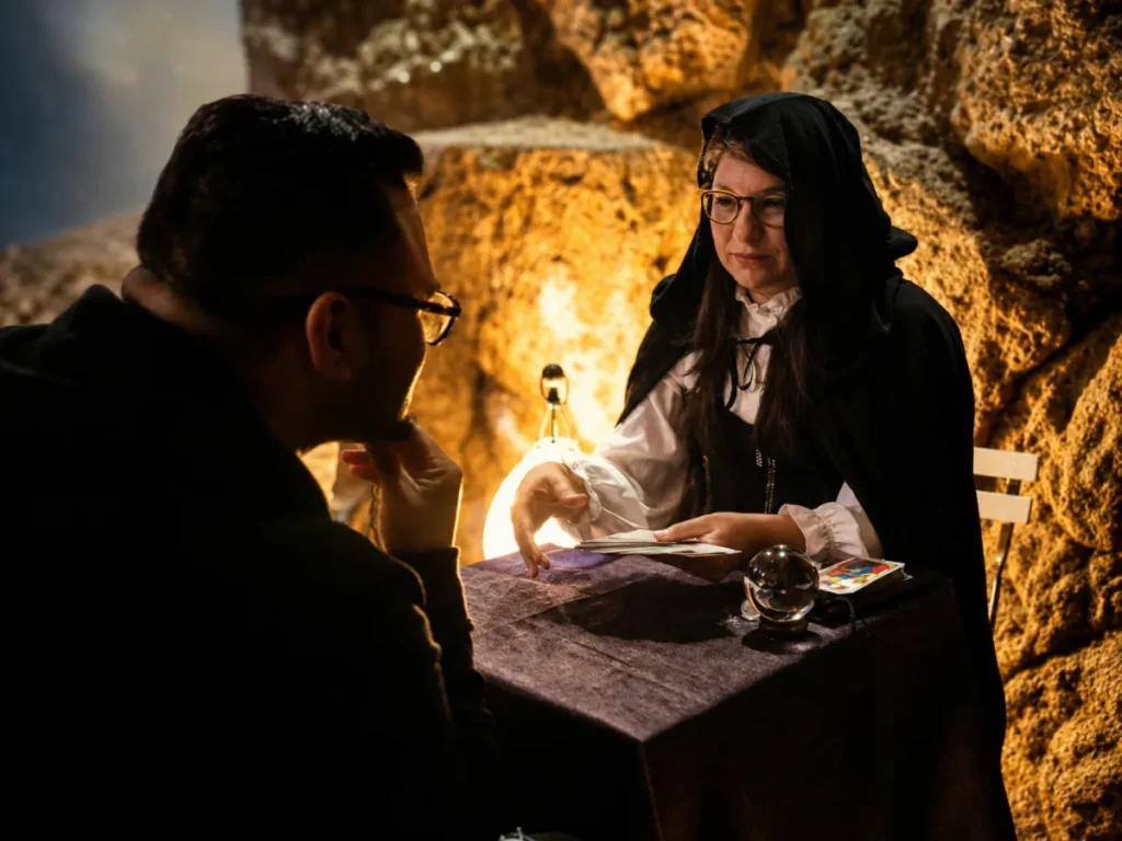 Tarotista realizando una lectura de cartas a un invitado en un ambiente íntimo y cálido