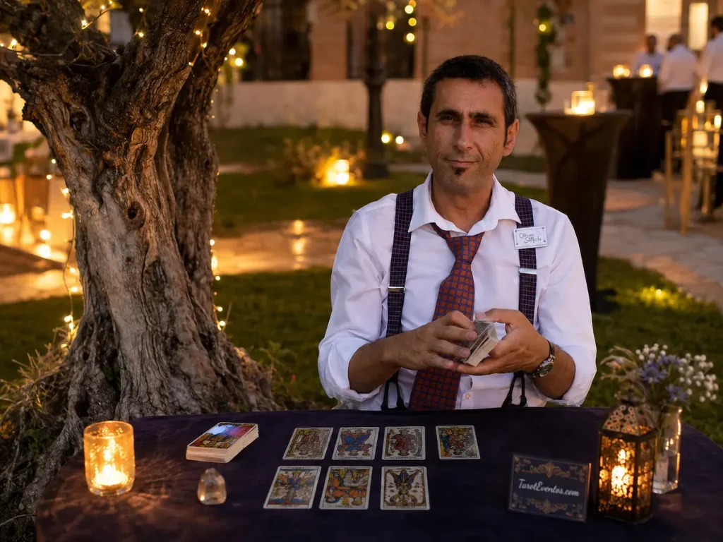 Oliverio realizando tarot en un evento al aire libre con mesa de cartas iluminada