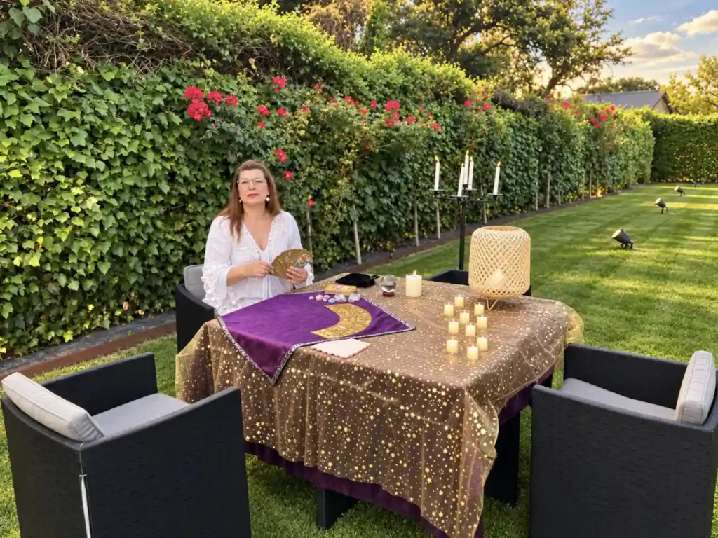 Ángela preparando una lectura de tarot en un jardín durante una fiesta privada
