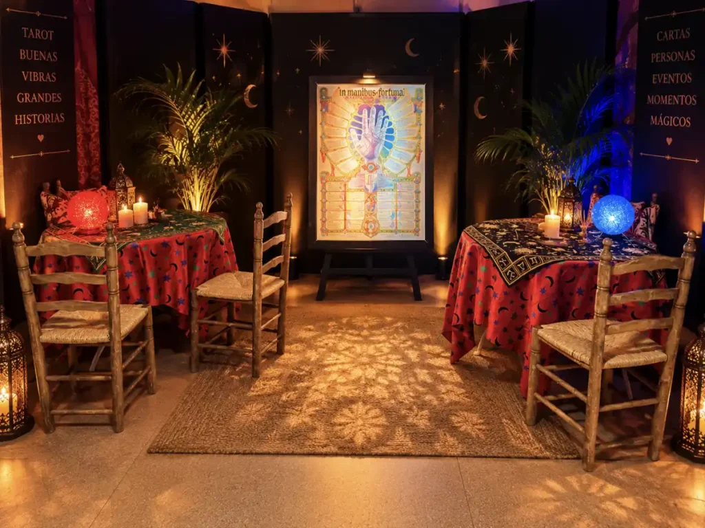 Rincón de tarot preparado para una celebración privada