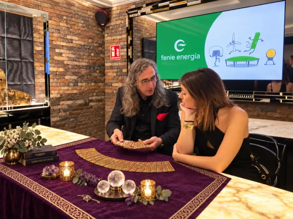 Oliverio realizando una lectura de tarot a una invitada durante un evento corporativo de Feníe Energía