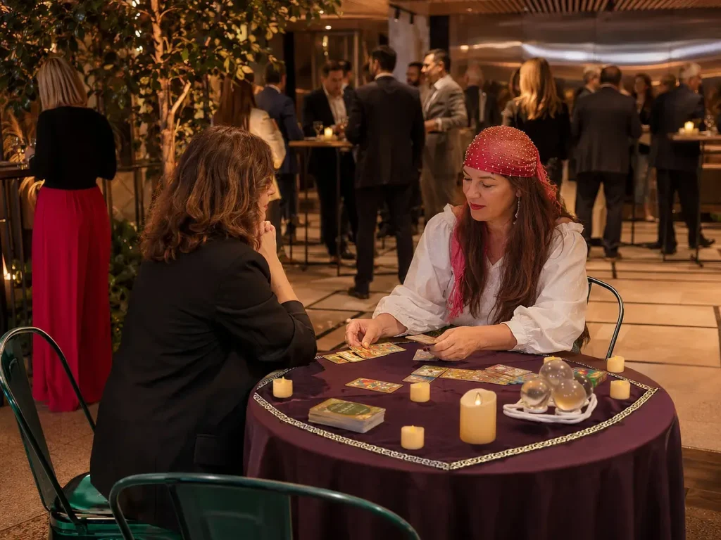 Tarotista realizando una lectura a una invitada durante un evento de empresa